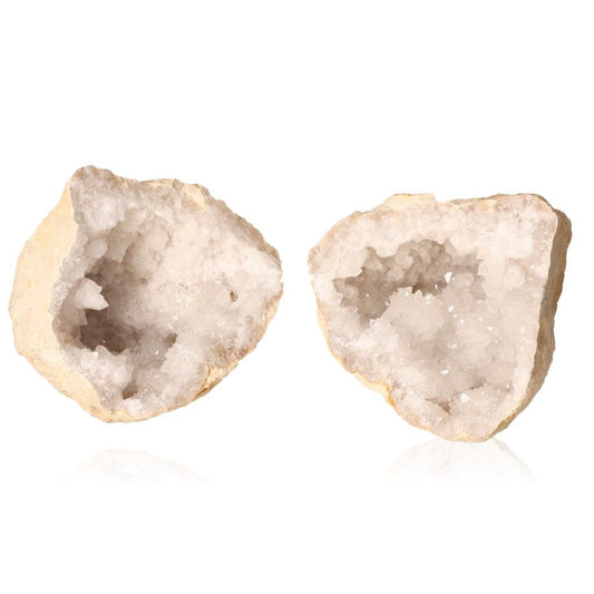 Milky quartz geode pair with sparkling white crystals and earthy shell, ideal for enhancing tranquility and positive energy.