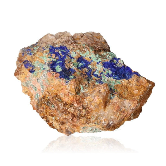 Raw azurite with malachite stone displaying deep blue and green patterns, known for enhancing mental clarity and self-awareness.