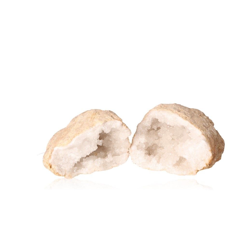 Milky quartz geode with rugged shell and sparkling white crystals for energy balance and clarity.