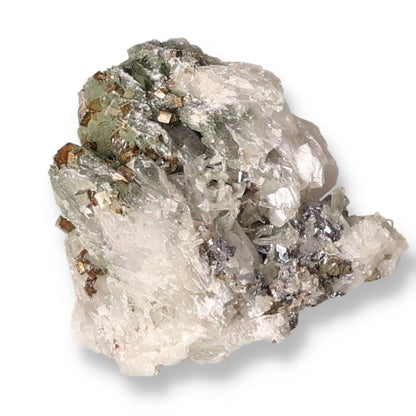 Raw quartz crystal with various colors and metallic inclusions, highlighting its unique properties for chakra and zodiac energy support.