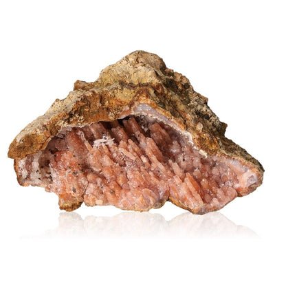 Pink calcite stalactite showcasing layered structure and earthy tones.