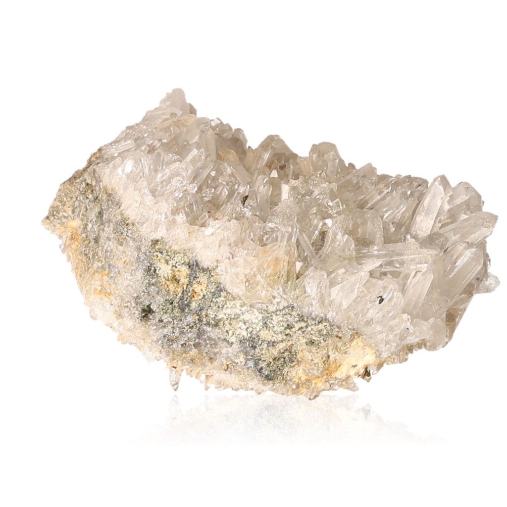 Clear quartz crystal with unique formations on a white background, showcasing natural beauty and spiritual energy properties.