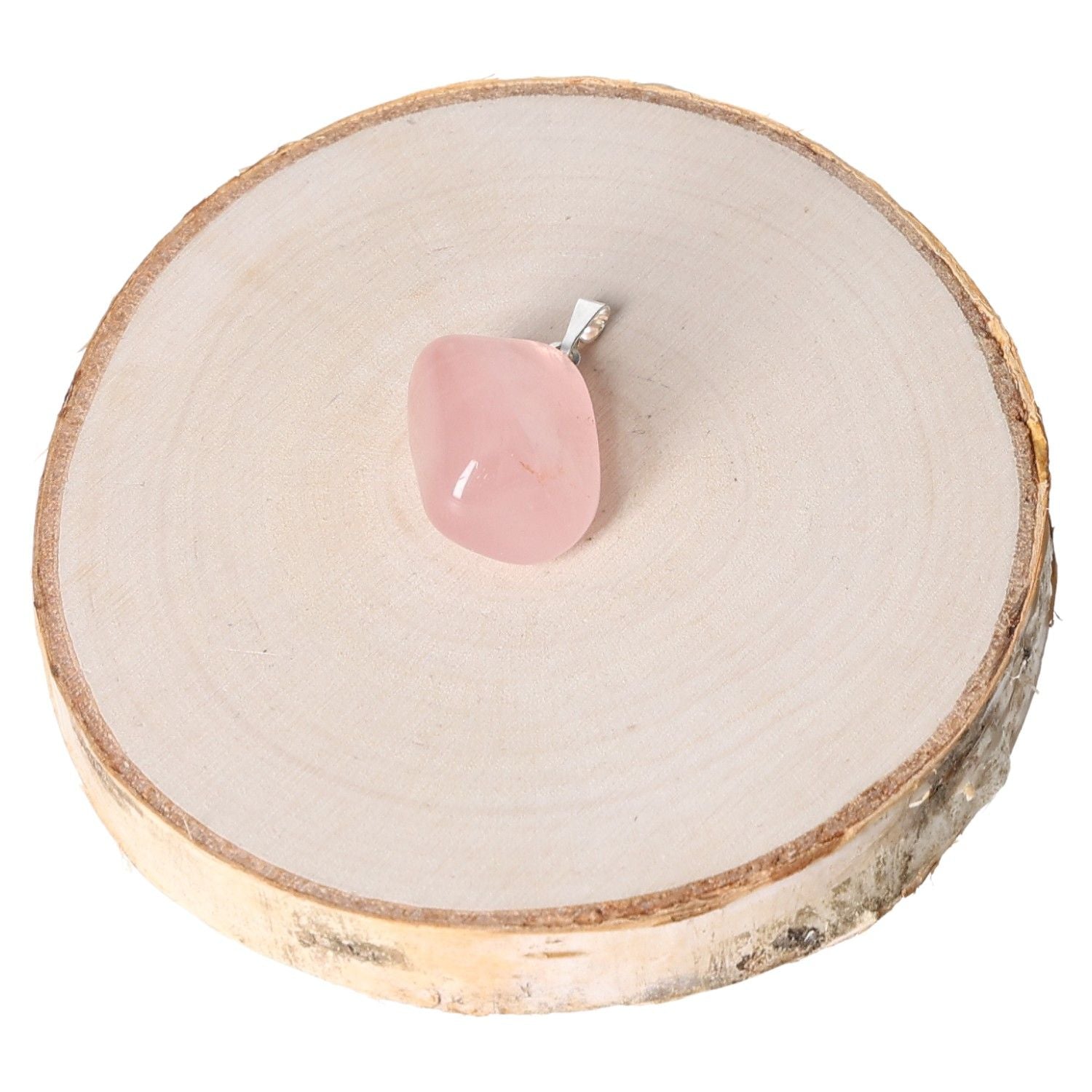 Rose Quartz Tumbled Pendant on Wooden Slice Display