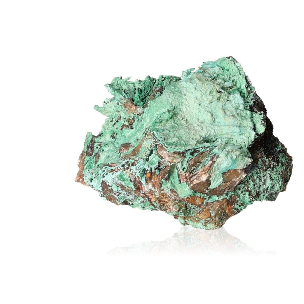 Malachite druzy stone with vibrant green hues, symbolizing nature and harmony, on a white background.