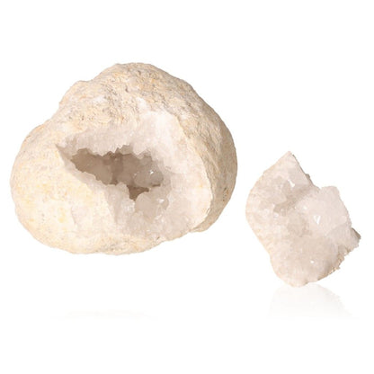 Milky quartz geode with earthy shell and sparkling white crystals inside, promoting energy balance and tranquility.