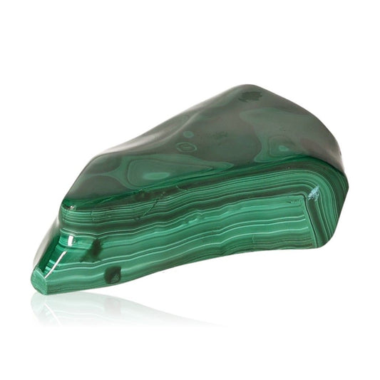 Green malachite stone with natural banding patterns, promoting courage and optimism.