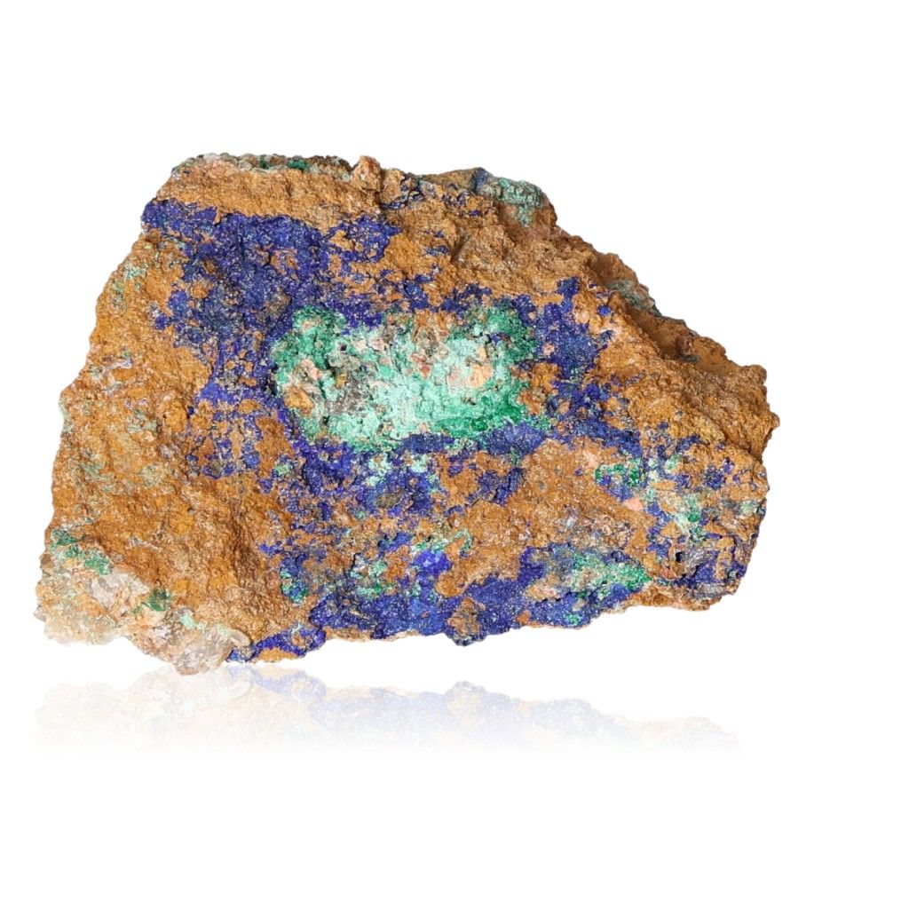 Azurite with Malachite mineral specimen showcasing deep blue and green colors, enhances intuition and spiritual insight.