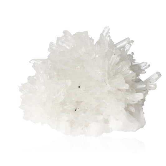 Clear quartz crystal cluster with unique formations, supporting energetic and spiritual needs linked to various chakras and zodiacs.