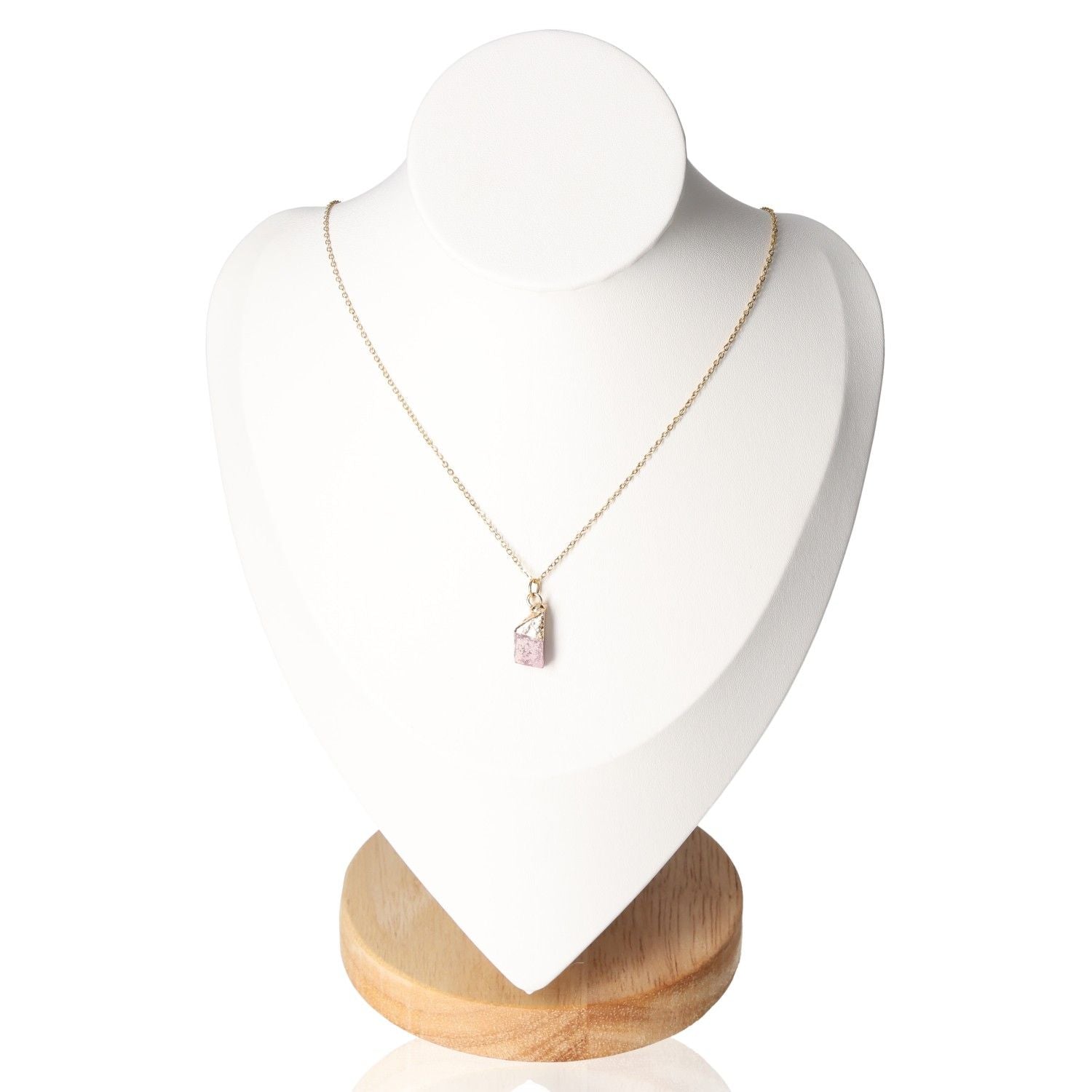 Rose Quartz Crystal Necklace on Display Stand - Elegant Jewelry for Friendship and Emotional Healing