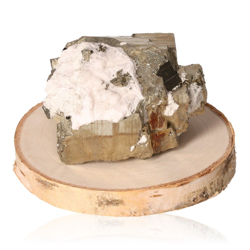 Pyrite druzy with calcite on a wooden base, promoting independence and courage. Ideal for motivation and goal achievement.