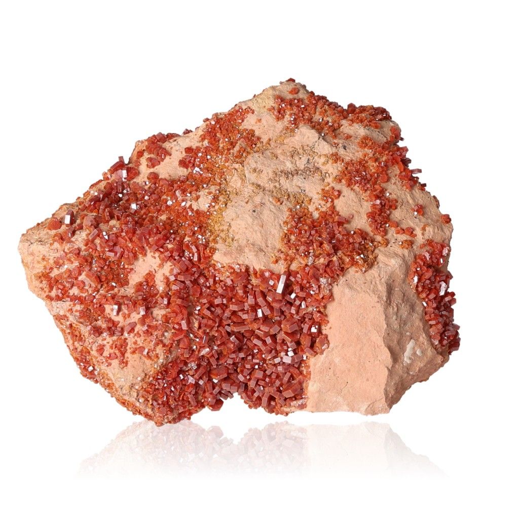 Vanadinite druze specimen showcasing vibrant red-orange crystal clusters for focus and motivation enhancement.