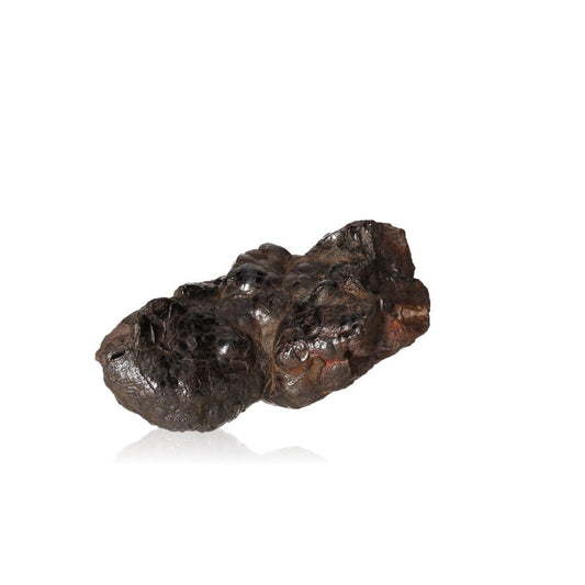 Polished botryoidal hematite stone on white background, symbolizing strength, courage, and energy enhancement.