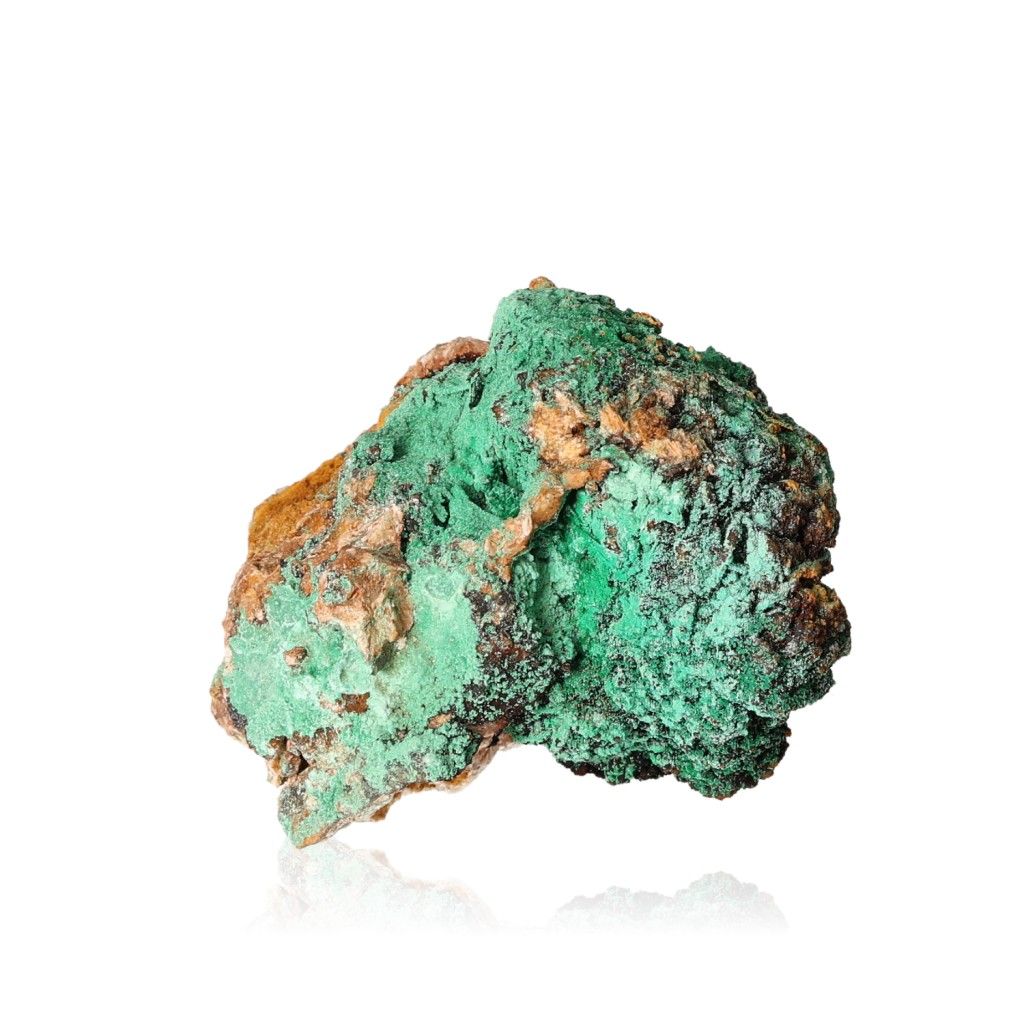 Malachite druze gemstone with vibrant green hues on white background, symbolizing courage and inner harmony.