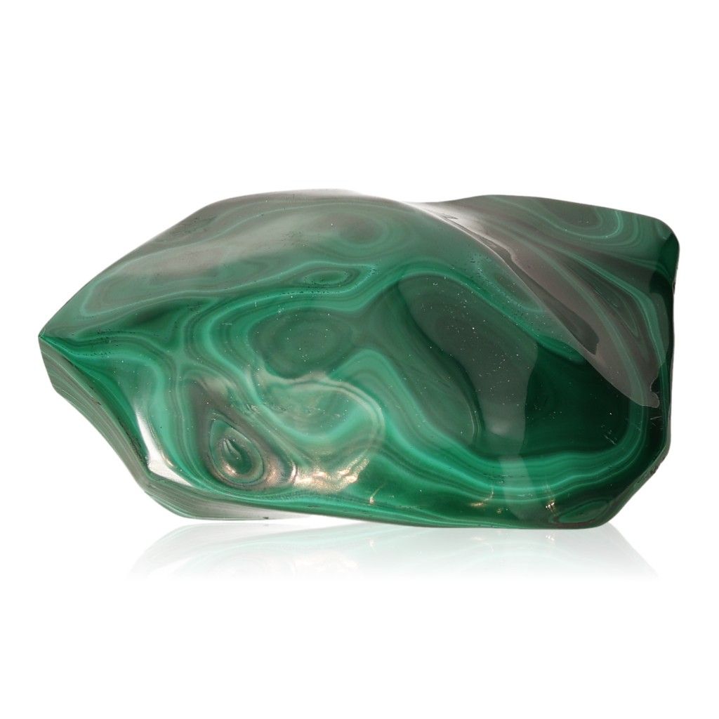 Polished green malachite stone with swirling patterns, known for its soothing energy and ability to inspire courage and optimism.