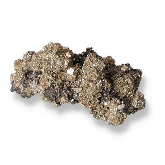 Sphalerite and Chalcopyrite mineral specimen with metallic luster and crystalline texture on a white background.