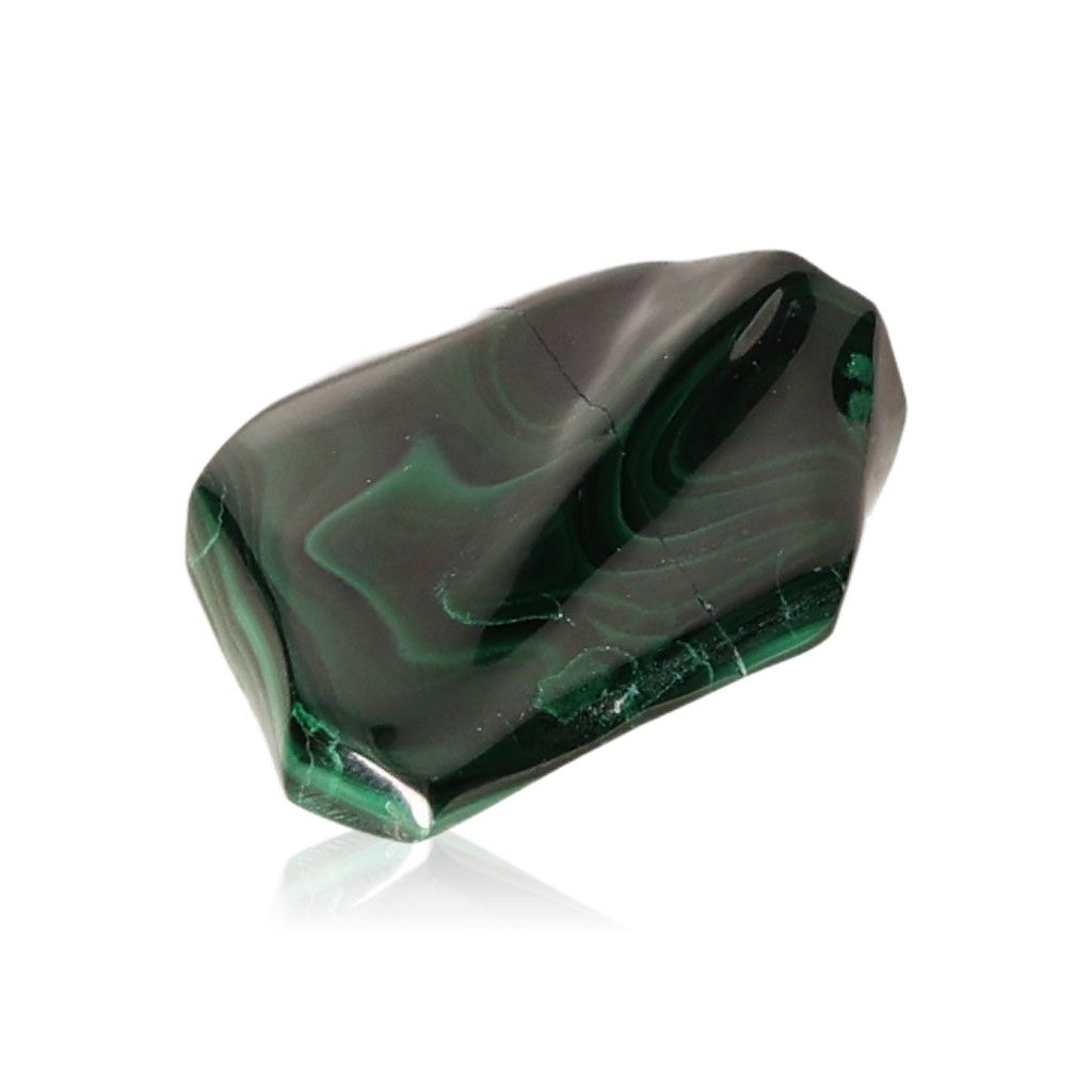 Polished malachite stone with deep green hues, symbolizing courage and hope, promotes inner harmony and positivity.