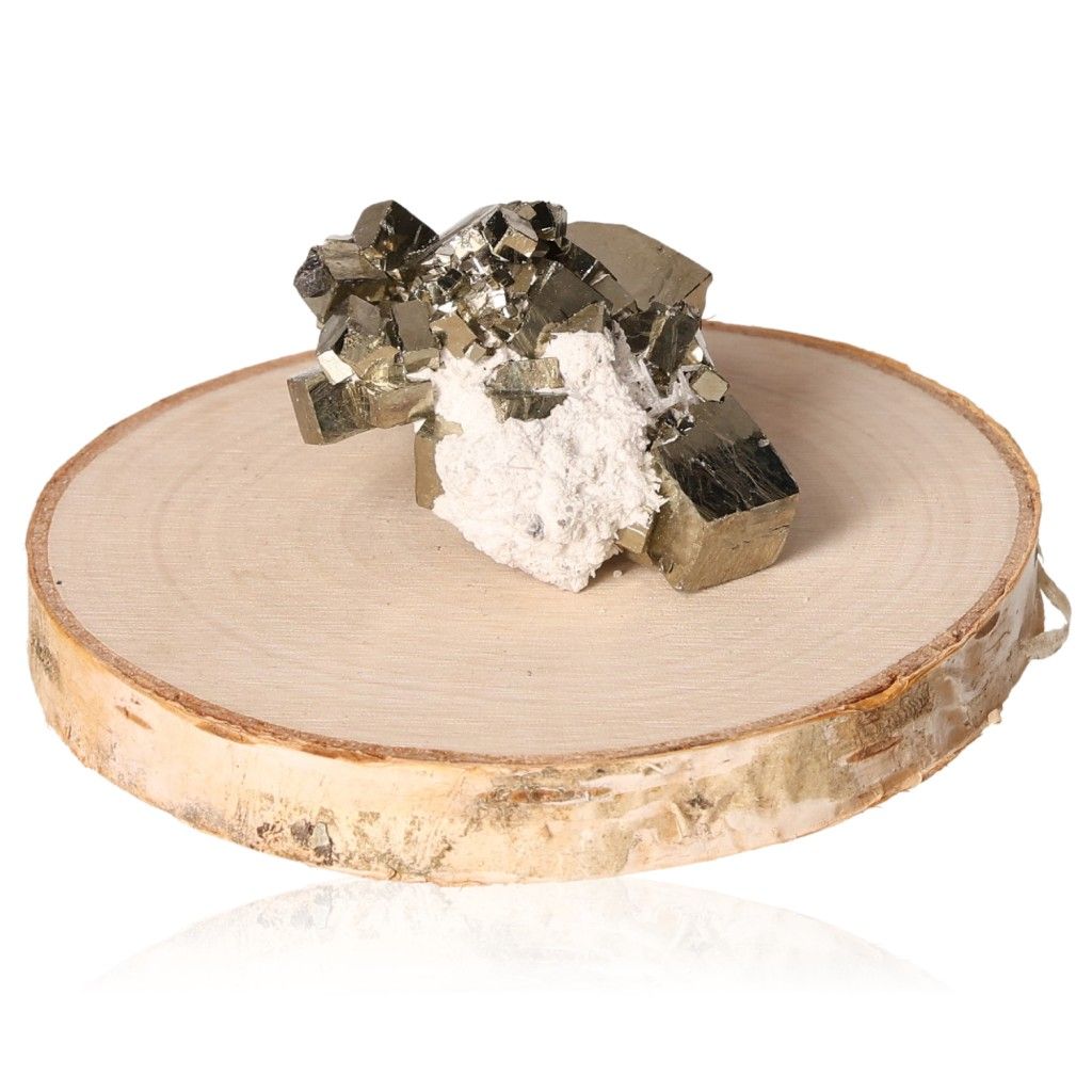 Pyrite druze with calcite on wooden base, ideal for motivation and independence.