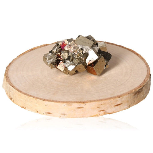 Pyrite druzy cluster on a wooden base, inspiring courage and new ideas, perfect for motivation and goal achievement.