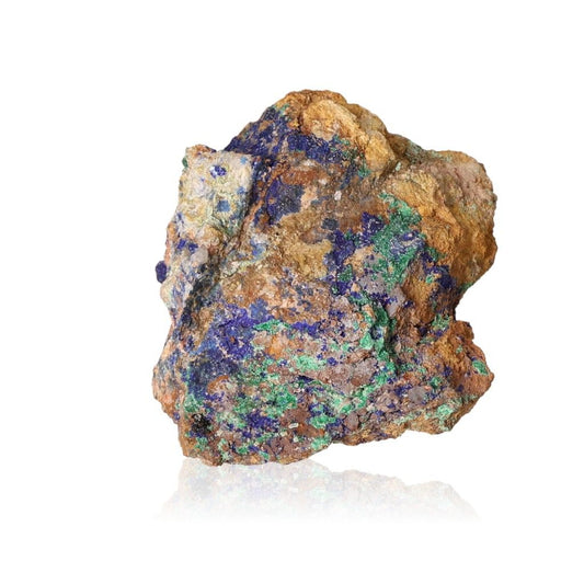 Raw azurite with malachite mineral stone showcasing deep blue and vibrant green colors, known for enhancing intuition and spiritual insight.