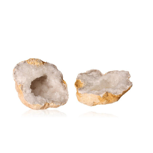 Milky quartz geodes with earthy shells, revealing sparkling white crystals for purifying energy and tranquility, weight 700-900g.