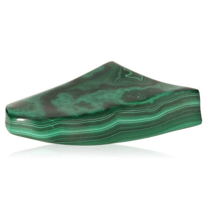 Polished malachite stone displaying vibrant green bands and patterns.