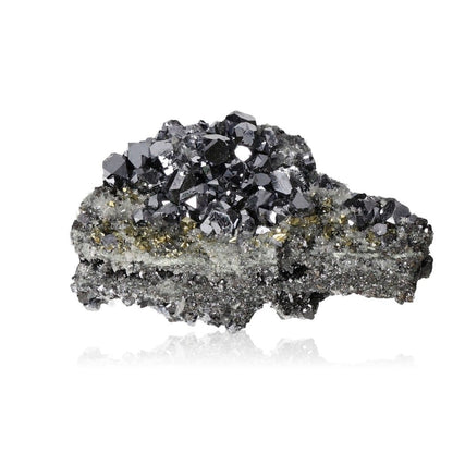 Galena with pyrite mineral specimen showcasing metallic luster and crystal formations on white background.