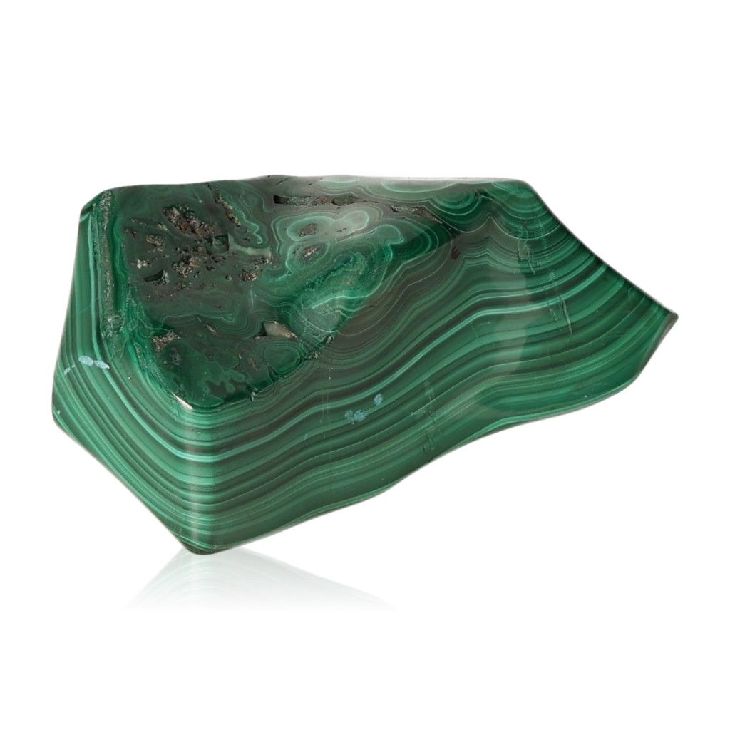 Polished malachite stone with vibrant green bands, symbolizing nature, courage, and inner harmony.