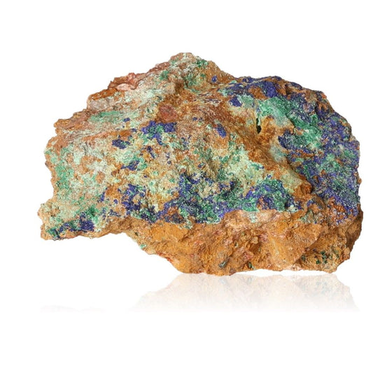 Azurite with Malachite mineral rock showcasing deep blue and green hues, known for intuition and spiritual enhancement properties.