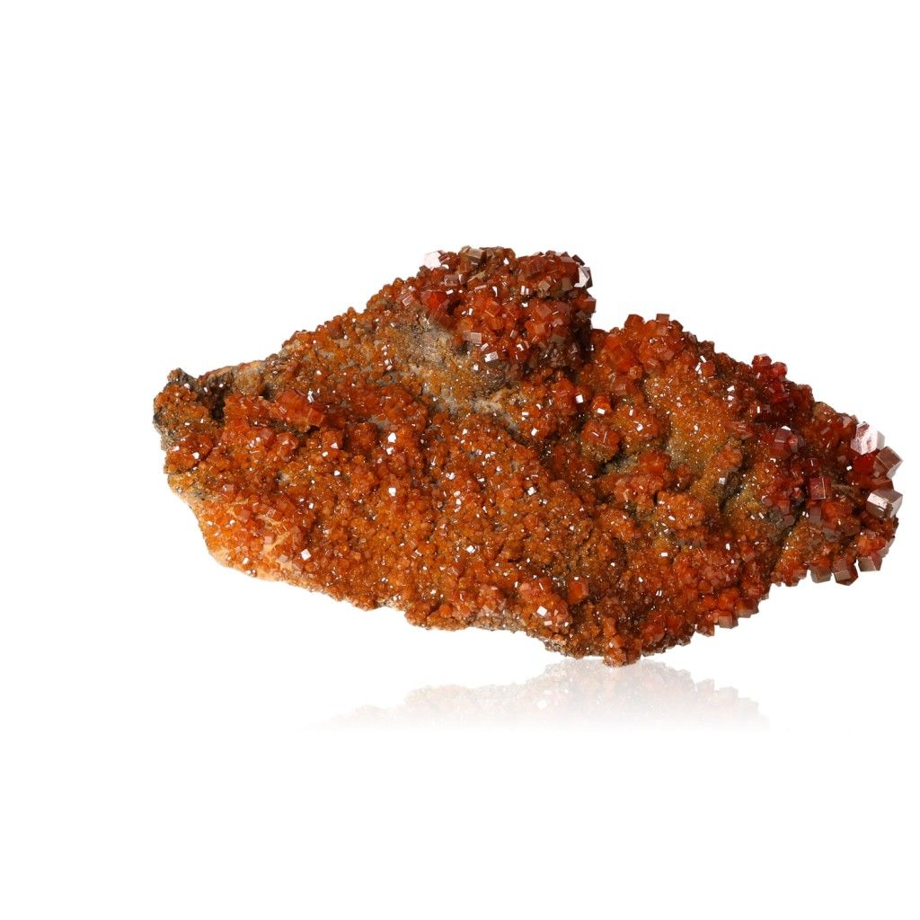 Reddish-orange Vanadinite Druze with hexagonal crystals and glassy surface enhancing focus and motivation.