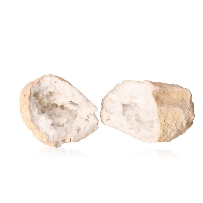 Milky quartz geode split open showing sparkling, cloudy white crystals, known for purifying energy and enhancing focus.