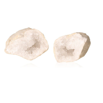 Milky quartz geode split open, revealing sparkling cloudy white crystals inside, ideal for energy purification and balance.