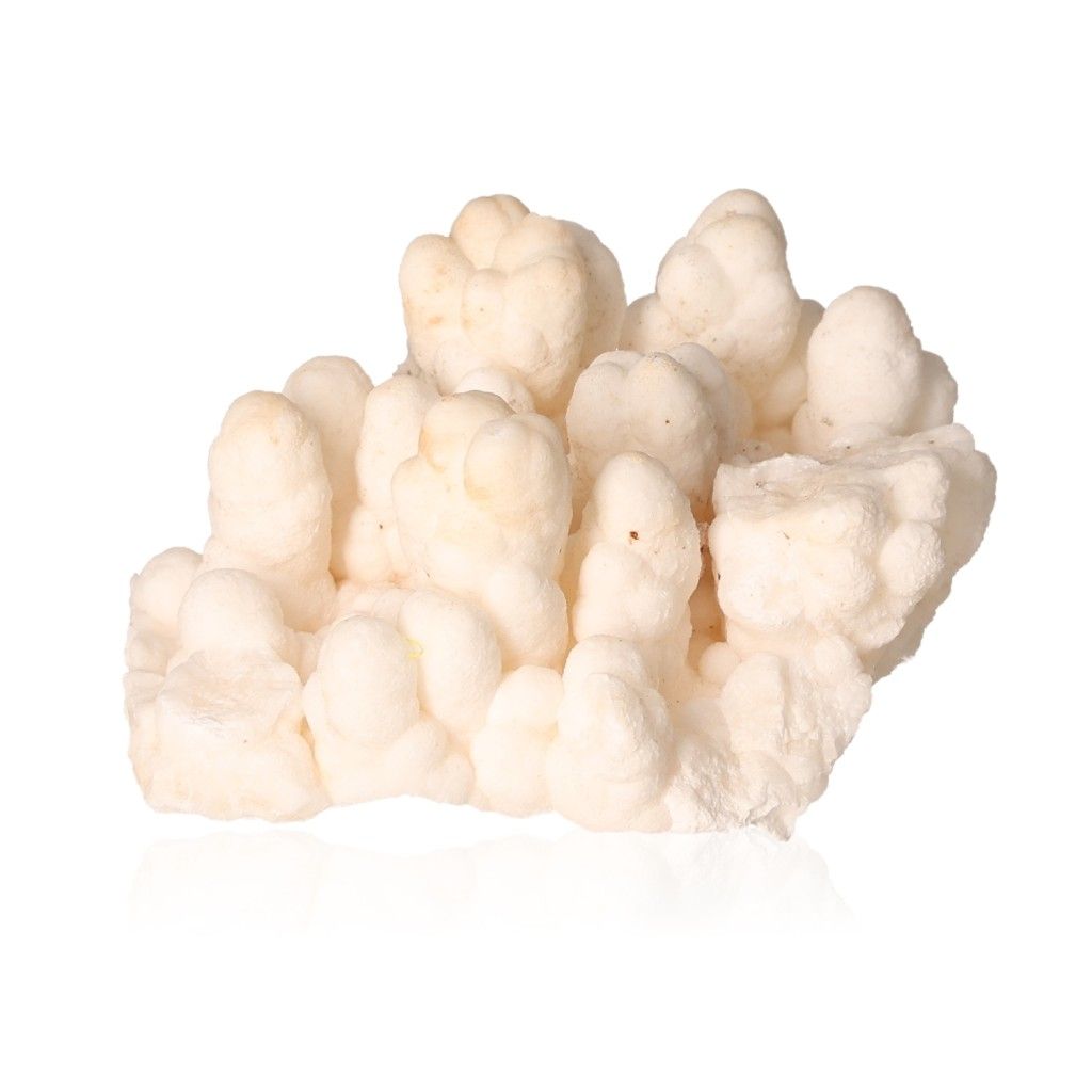 Cave calcite stalactite cluster showcasing intricate natural mineral formations against a white background.