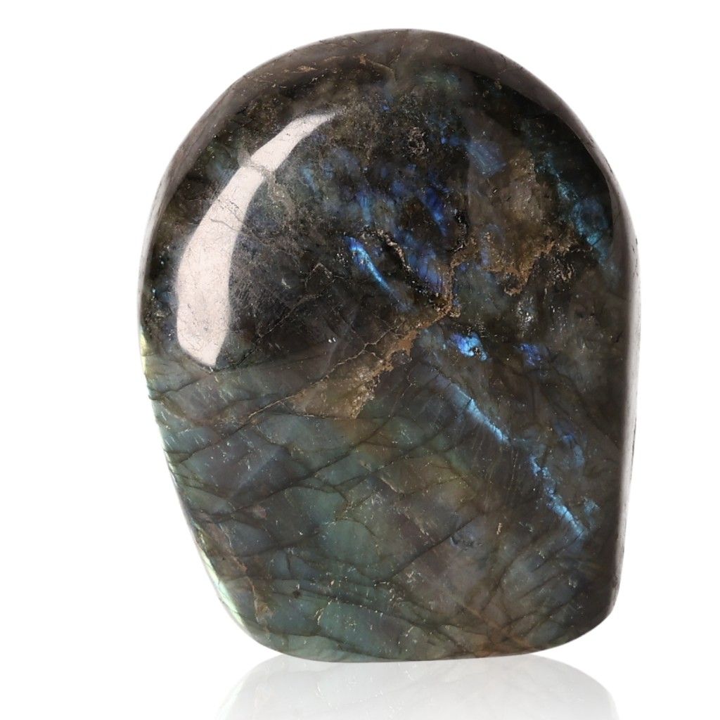 Polished labradorite cut base with vibrant colors by Sylvia Crystals, showcasing natural elegance and transformative energy.