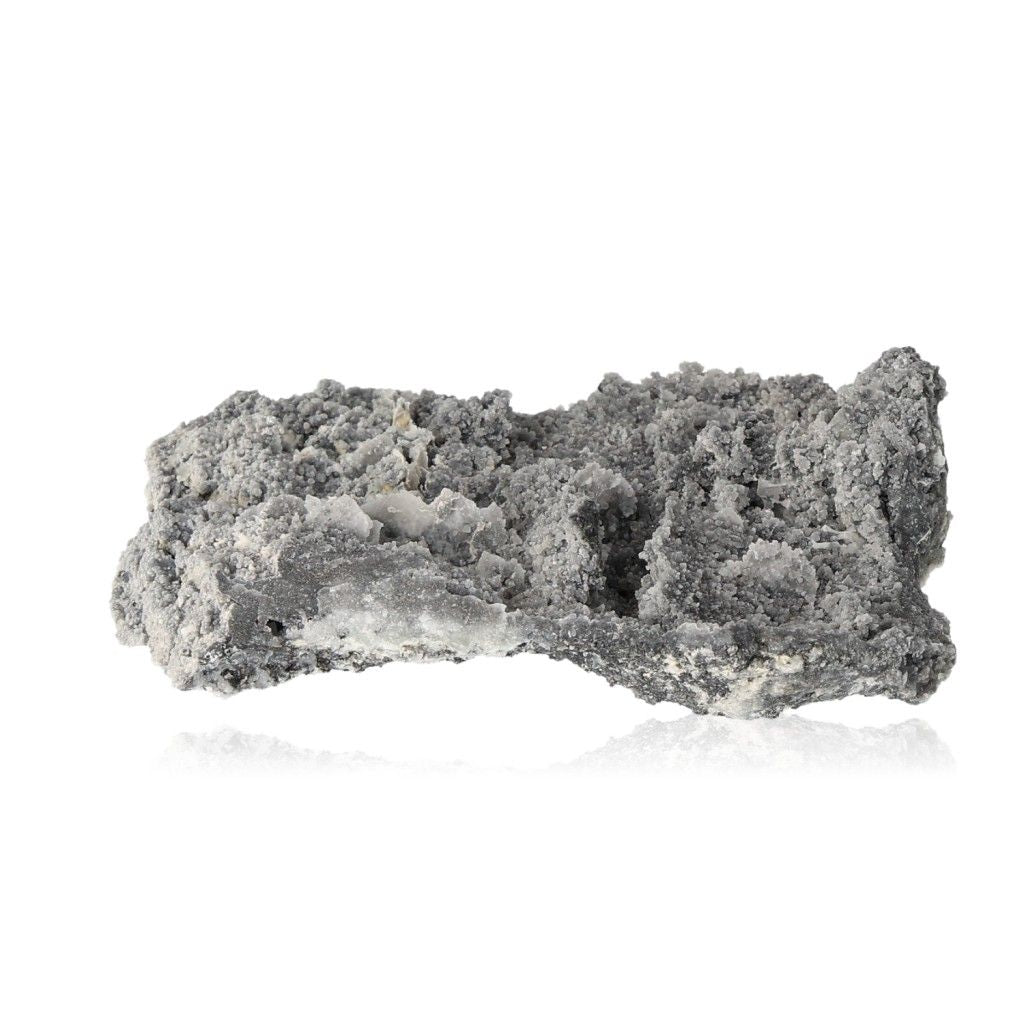 Rough gray calcite crystal chunk with textured surface on a white background.