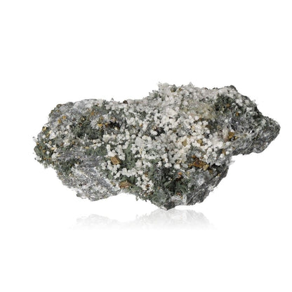 Galena with Calcite and Chalcopyrite mineral specimen on white background