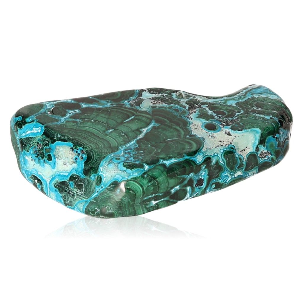 Blue Chrysocolla with Malachite gemstone showcasing vibrant colors and energy for tranquility and transformation.