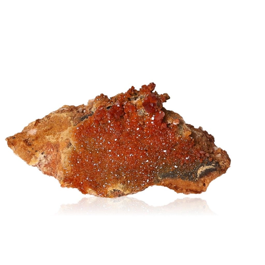 Vanadinite Druze with reddish-brown hexagonal crystals on a glassy surface, enhancing focus and motivation with bold colors.