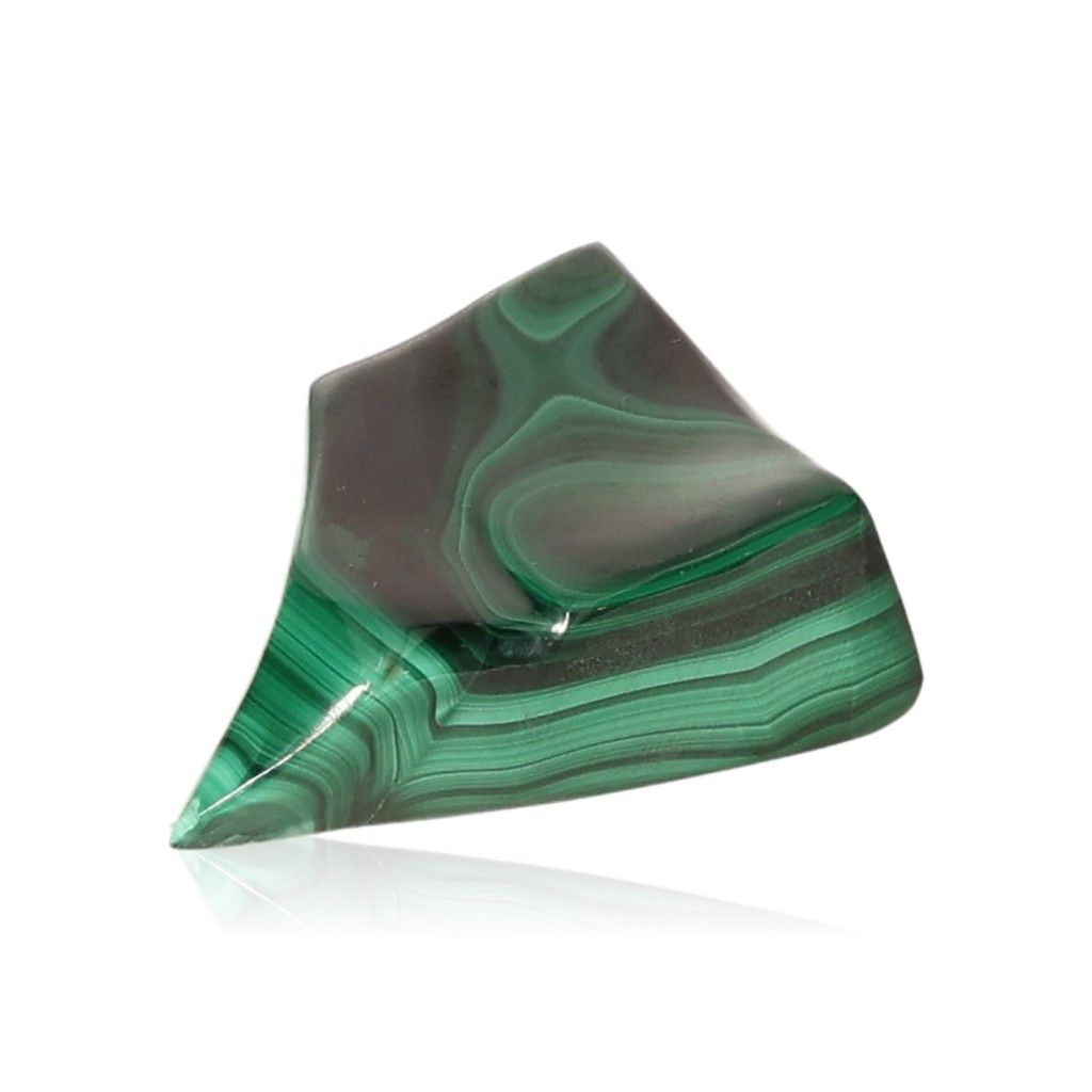 Polished malachite stone with vibrant green swirls, known for its soothing energy and support for inner harmony and optimism.