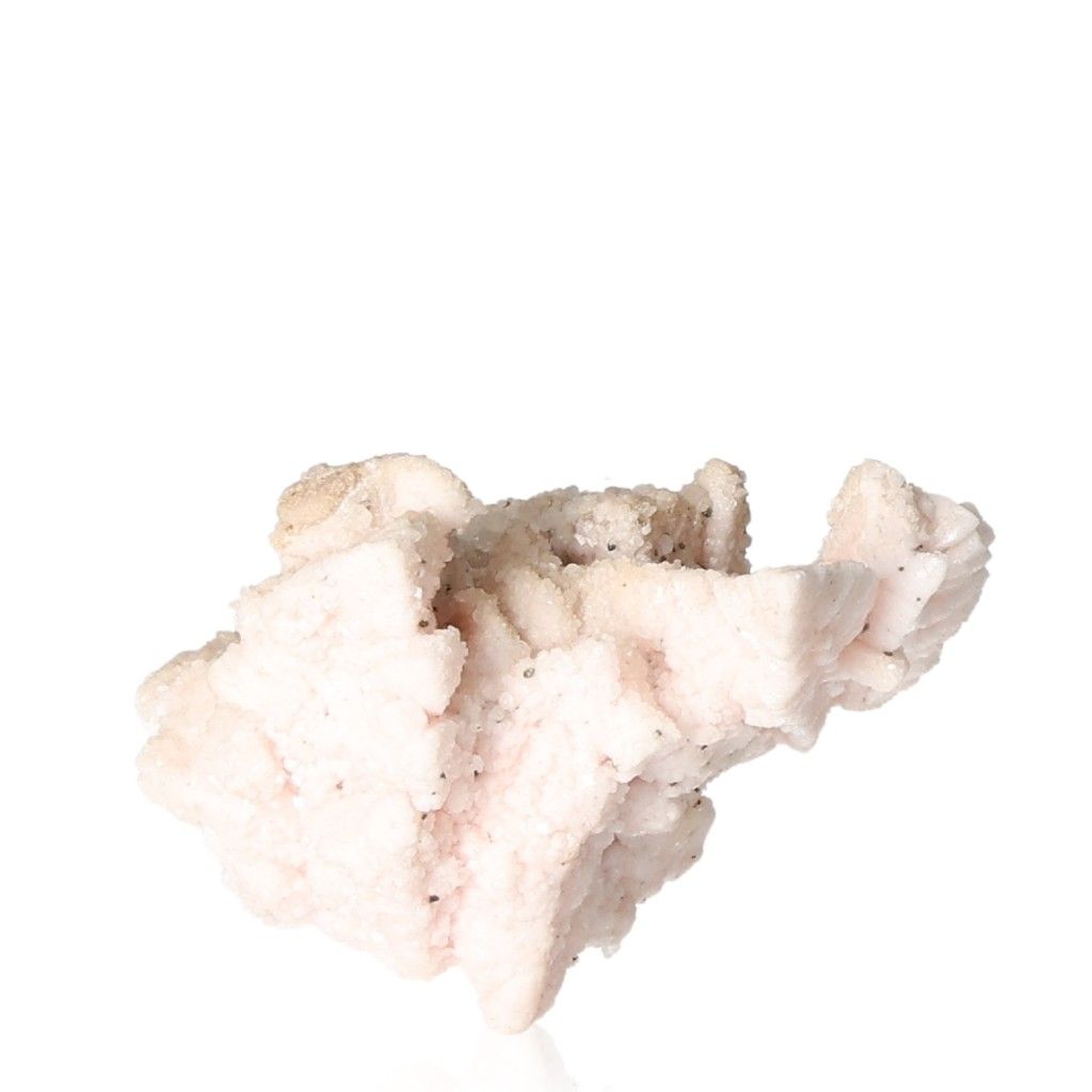 Mangano Calcite stone with soft pink hues for love and emotional healing on a white background.