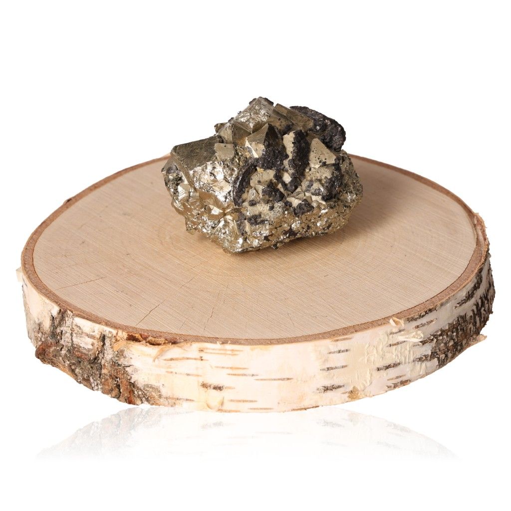 Pyrite druzy cluster with Sphalerite on wooden slab, promoting independence and action mindset.