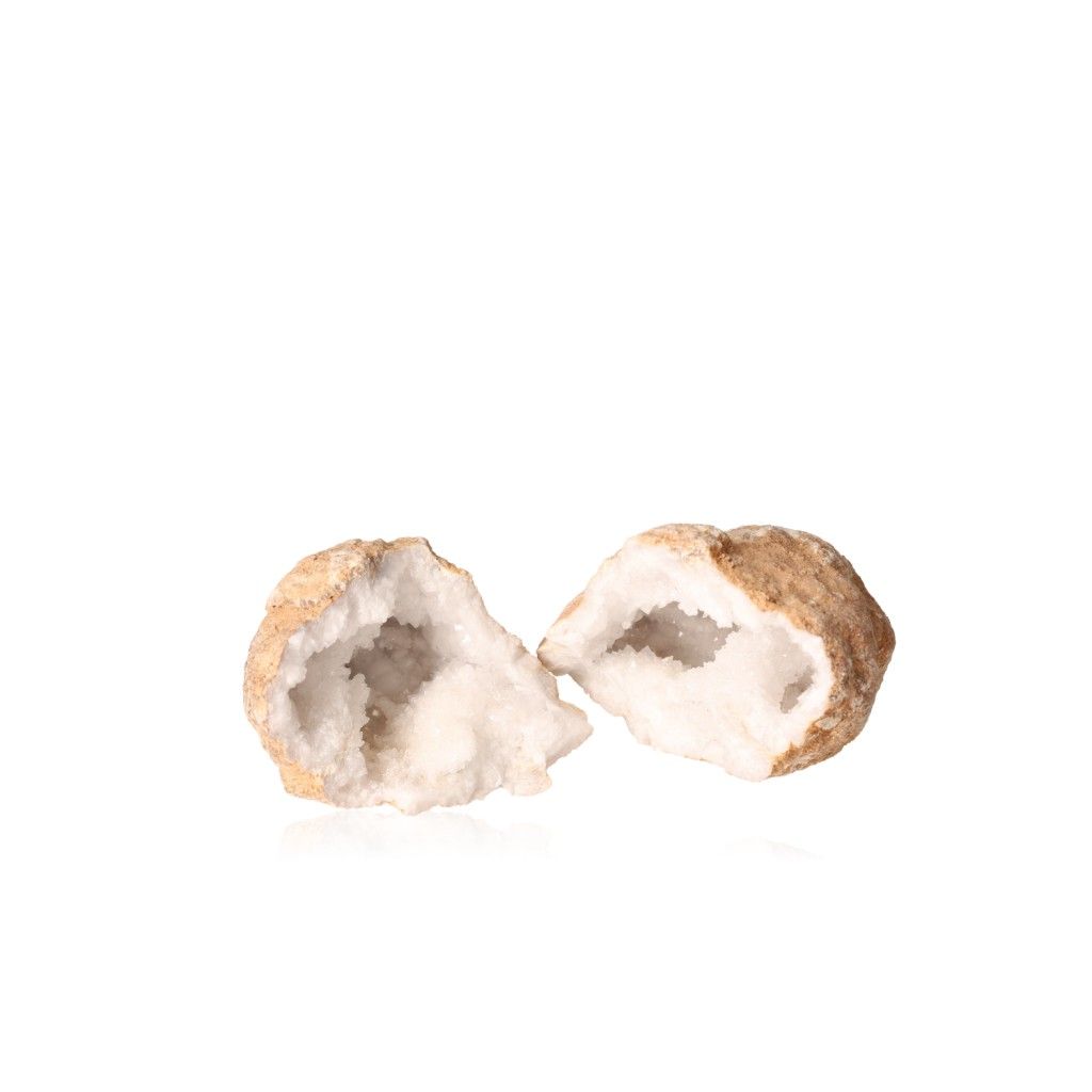 Quartz geode cut open to reveal sparkling cloudy white crystals and earthy outer shell, ideal for energy cleansing and focus enhancement.