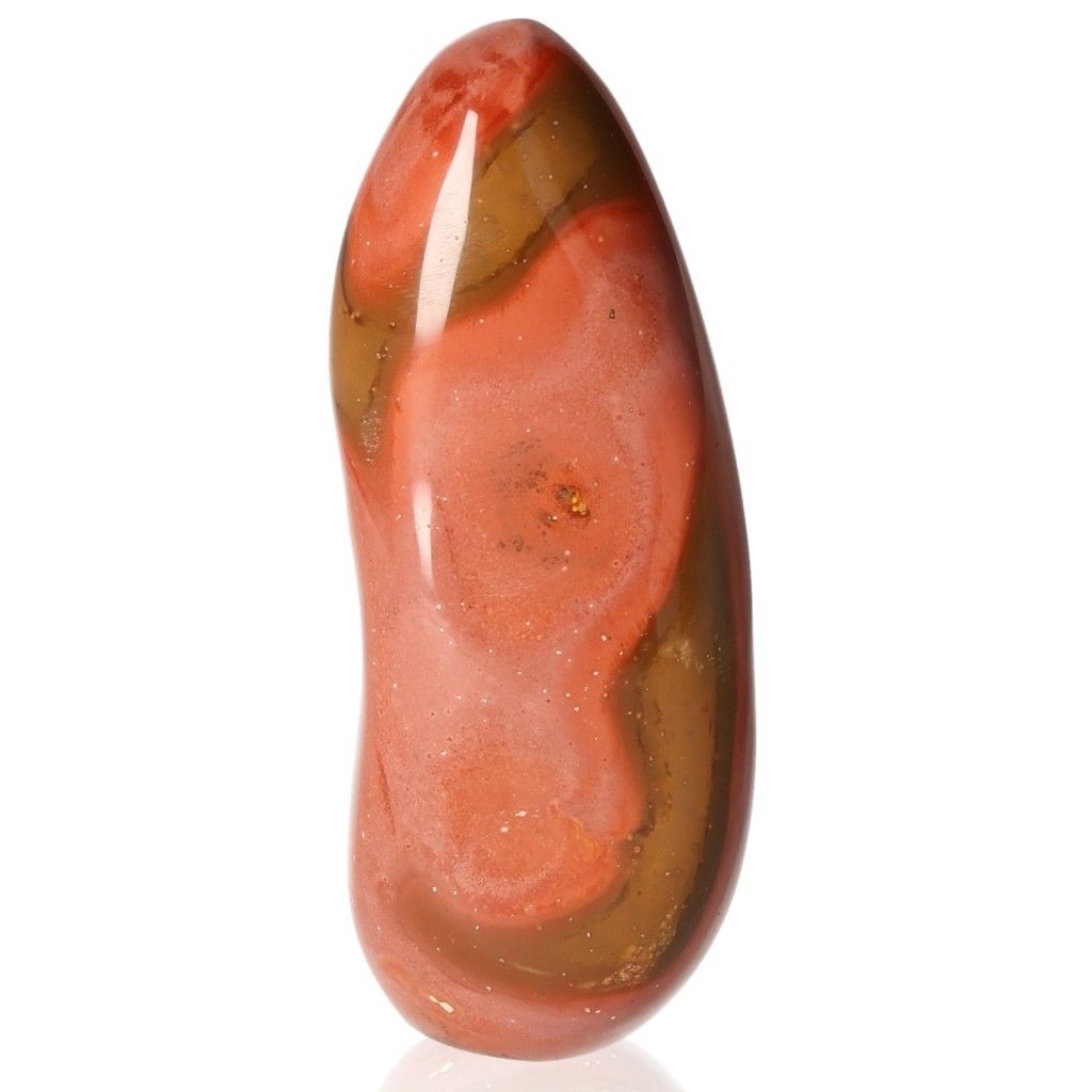 Polychrome Jasper free form stone with vibrant red, orange, and brown color patterns, showcasing its unique banded appearance.