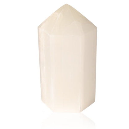 Selenite tower hex crystal from Sylvia Crystals for mindful living and spiritual growth, purity and power, ethically sourced.