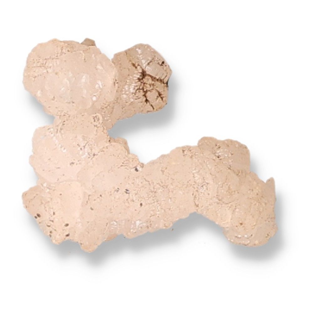 Beige calcite mineral cluster on a white background, known for boosting self-confidence, motivation, and concentration.