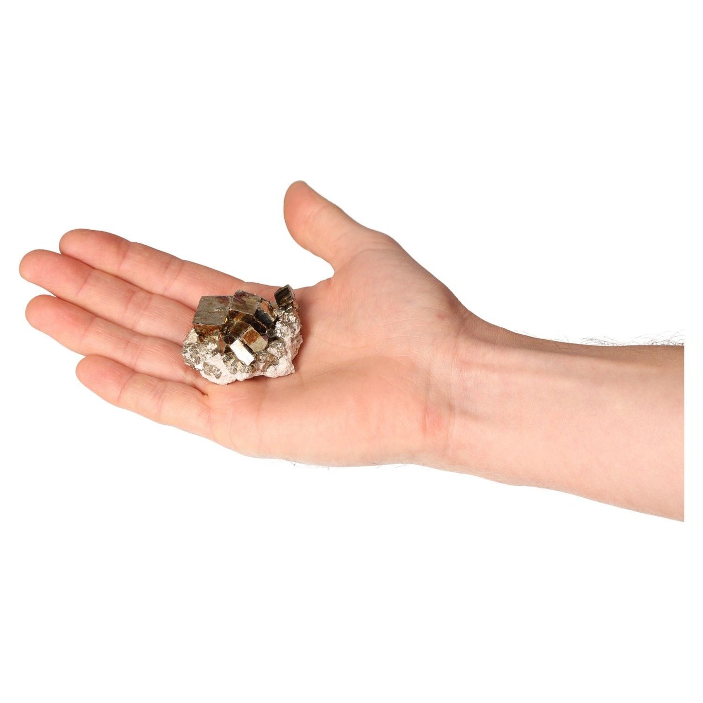 Hand holding a cluster of pyrite druzes, inspiring courage, independence, and motivation for new ideas and initiatives.