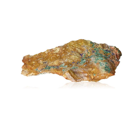 Rough malachite druze stone with natural green and brown textures, known for its calming and energizing properties.