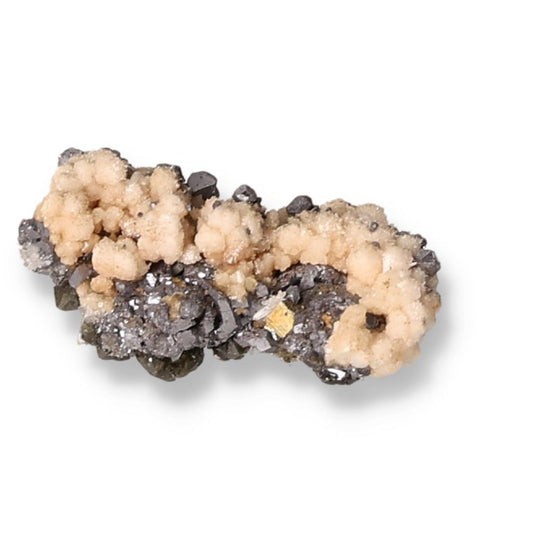 Galena with Quartz and Chalcopyrite mineral displaying unique blend of colors and textures, perfect for metaphysical growth and protection.