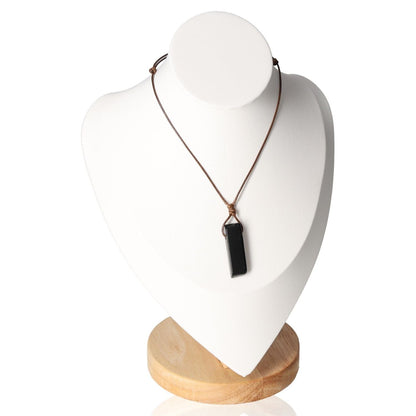 Boho Necklace Obsidian with a black pendant on a display bust, showcasing its elegant and protective design.