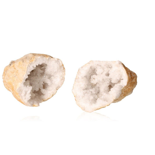 Milky quartz geode with rugged shell and sparkling cloudy white crystals, ideal for enhancing energy clarity and promoting tranquility.