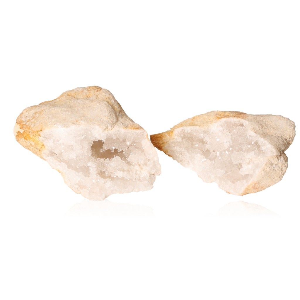 Quartz geode with sparkling milky white crystals and rugged outer shell, ideal for enhancing clarity and positive energy.